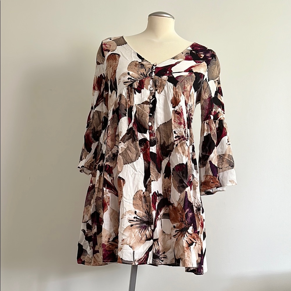 Floral Fall Toned 3/4 Belle Sleeve Mini Dress